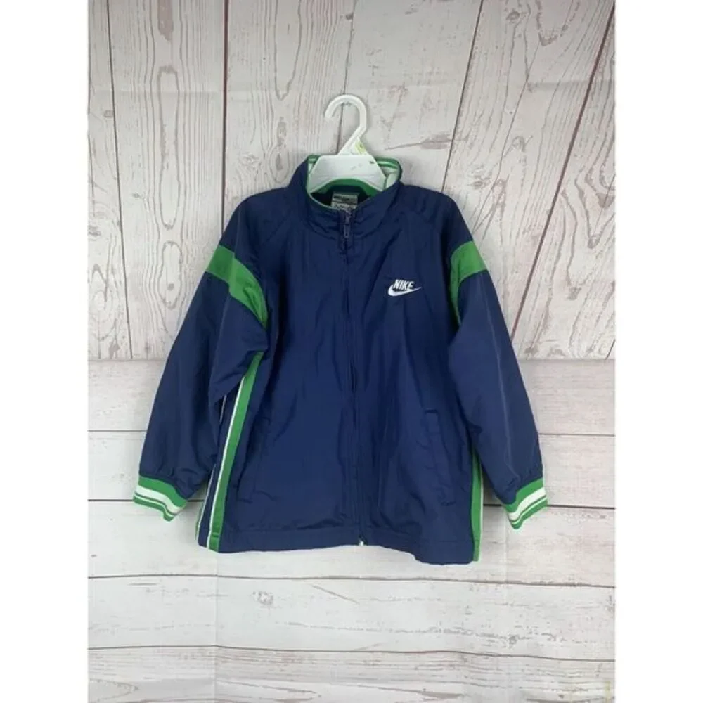 Nike‎ Navy Blue/green Windbreaker Full Zip Jacket Sz S 4-6 Youth Kids